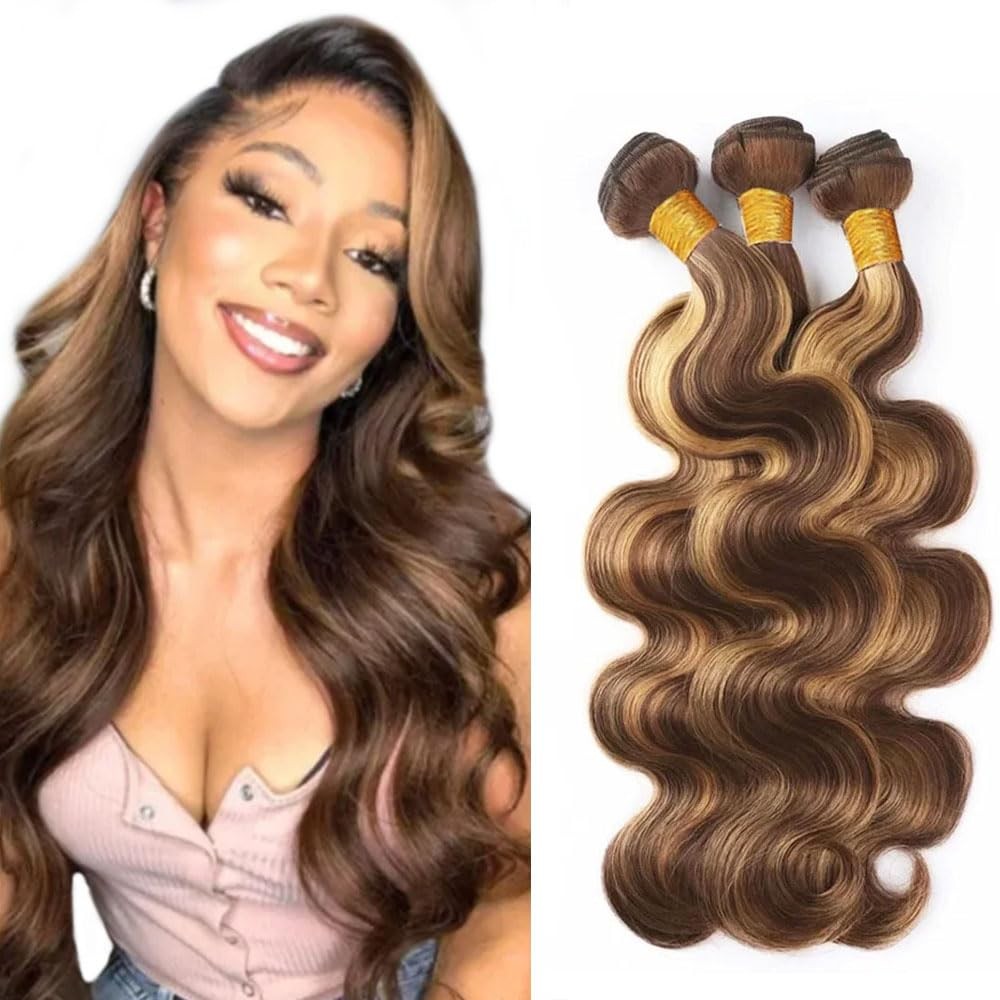 Brown Highlight Blonde Human Hair Bundles 18 20 22 Inch Body Wave 3 Bundles