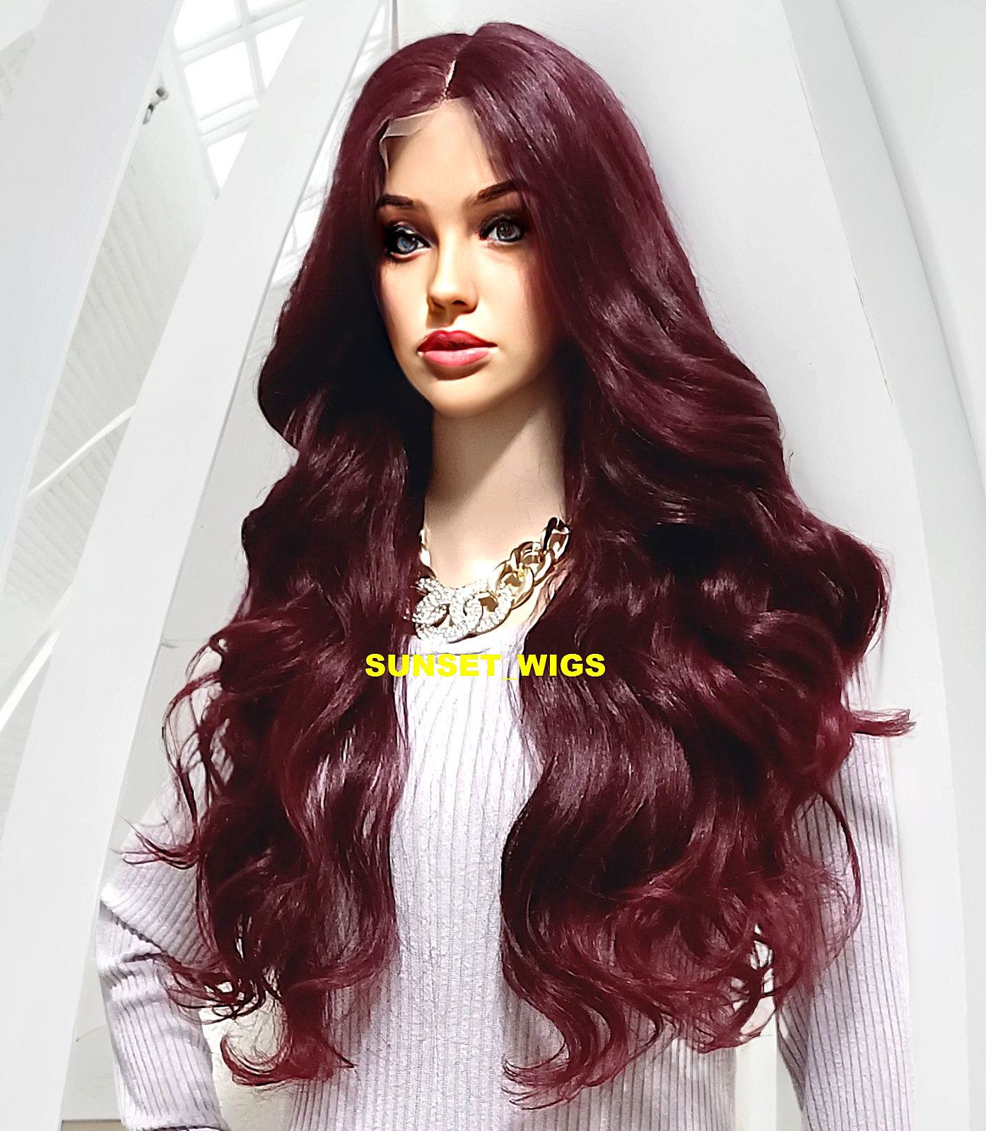 33″ LACE FRONT WIG LONG WAVY LAYERED BLACK BURGUNDY MIX #T1B.425 HEAT OK NWT