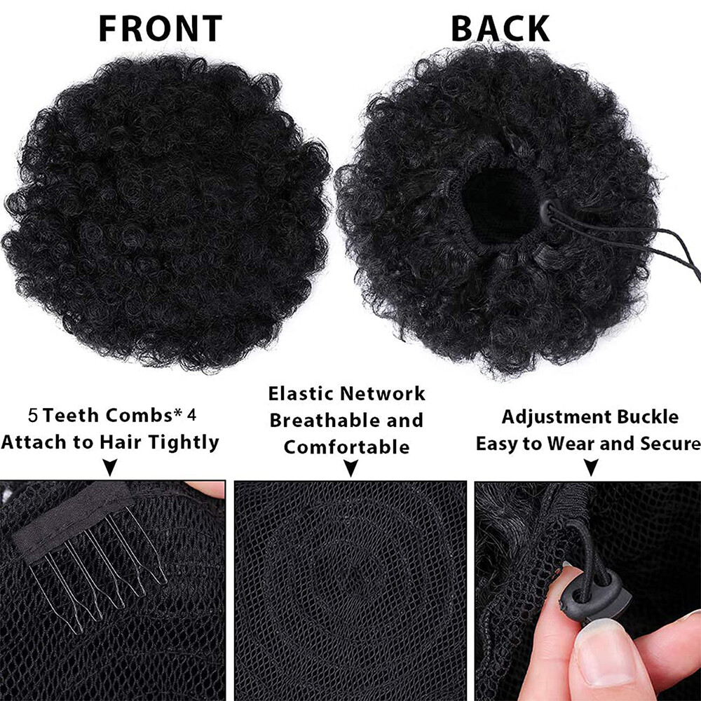 100% Human Hair Afro Curly Puff Drawstring Ponytail Extension Clip In On Bun