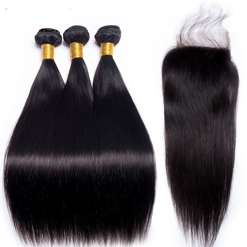 3 Bundles 8″10″12″ Virgin Remy Hair With 10″ 4*4 Lace Closure Straight