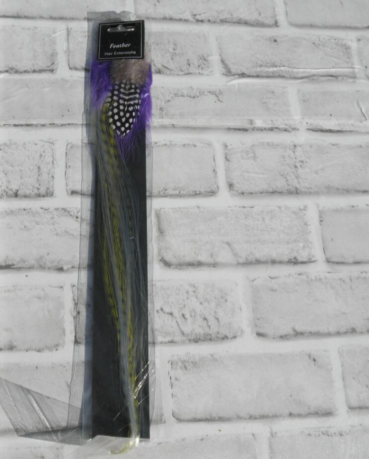 NEW SYNTHETIC FEATHER HAIR EXTENSION (PURPLE,YELLOW,GRAY,BLK/WHITE) 15″ LONG #14