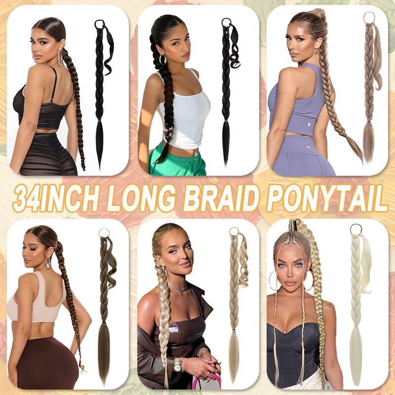 34″ Long Thick Braids Ponytail Box Braiding Pony Tail Wrap On Hair Extensions US