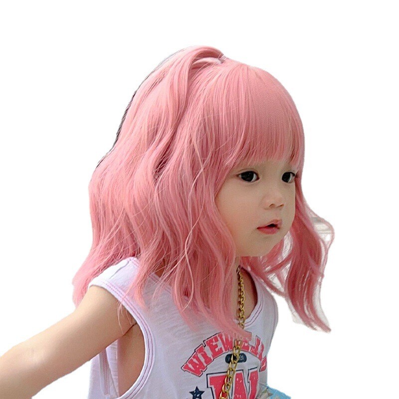 Pink Wig for Kids with Bangs Girls Short Curly Wavy Wig Synthetic Hair Wigs