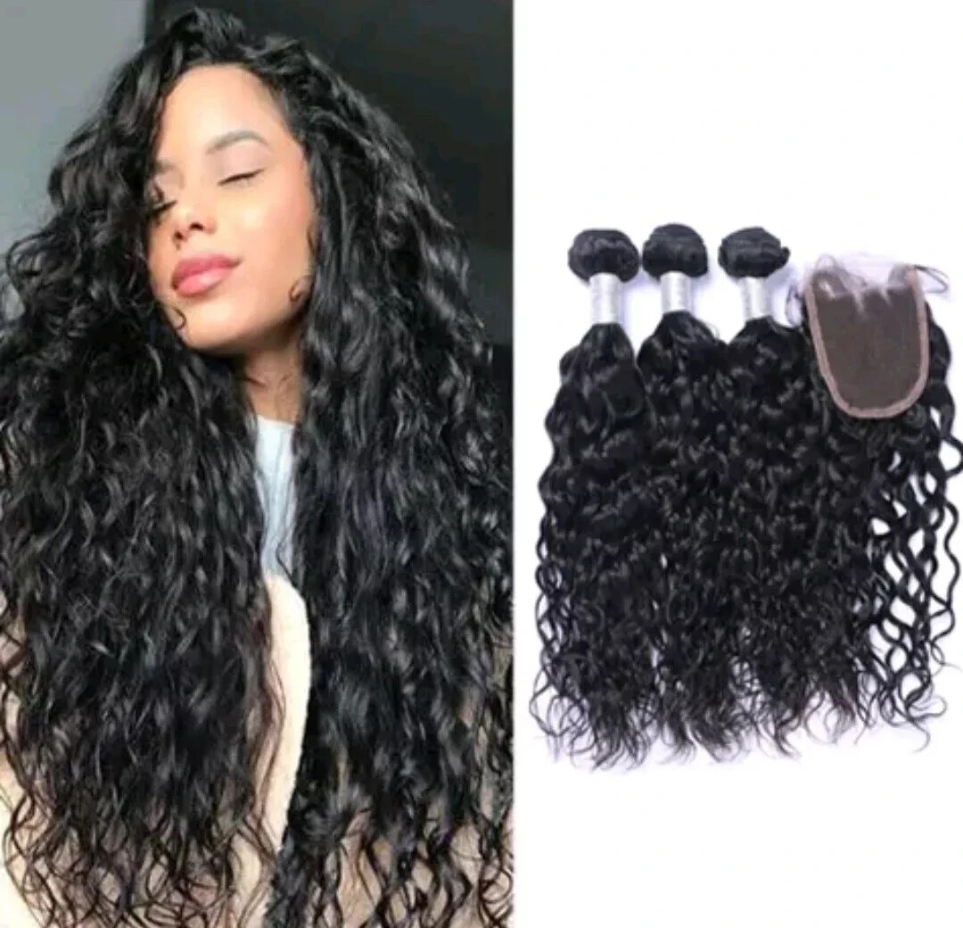 12A BRAZILIAN VIRGIN HUMAN HAIR WATER WAVES 18+18+18&16 CLOSURE 350g NATURAL 1B#