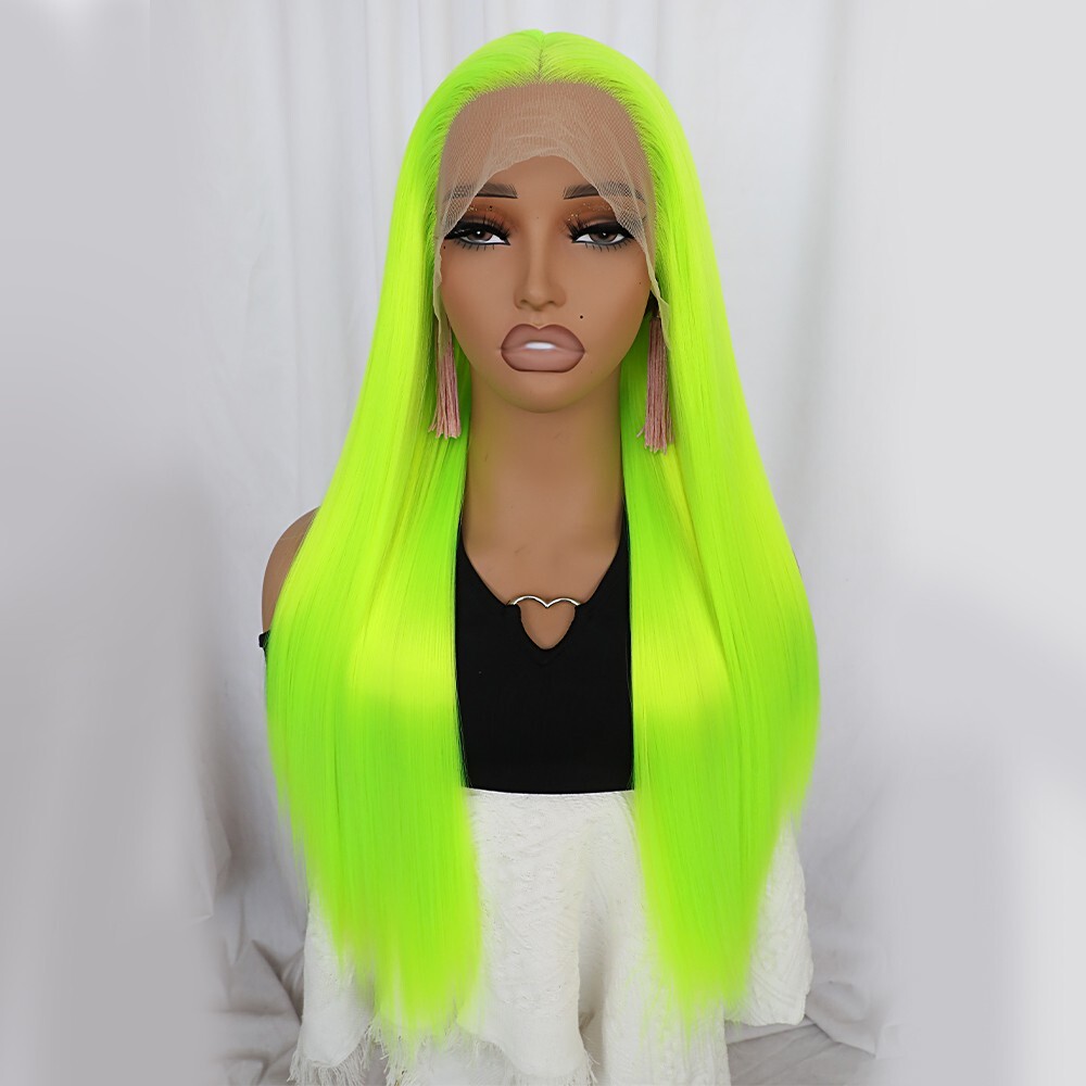 Bright Yellow Neon Green Straight Hair Lace Front Wigs Pre Plucked Women Party