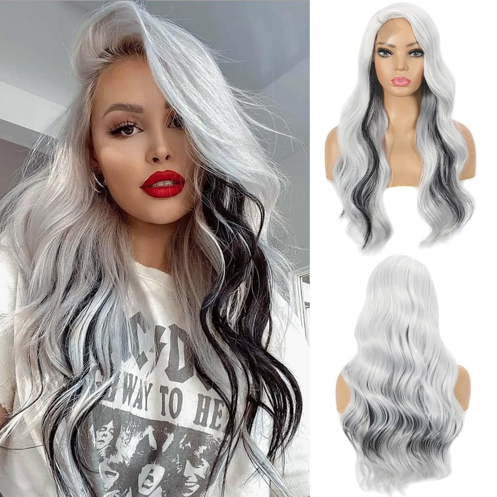 Long Black and White Wavy Wig for Women Lace Front Wig Natural Wave Synthetic Wi