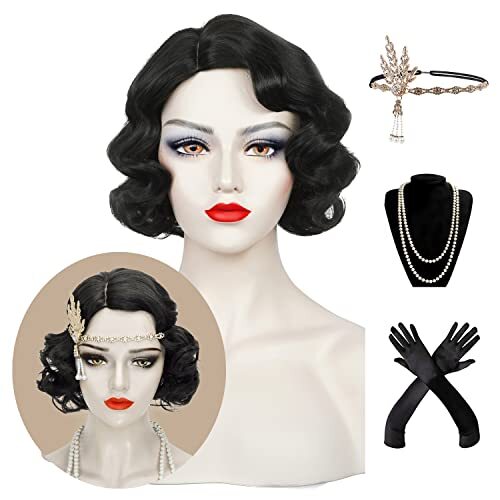 Finger Wave Wig Women Black 1920s Vintage Flapper Wig Lady Rockabilly Short C…