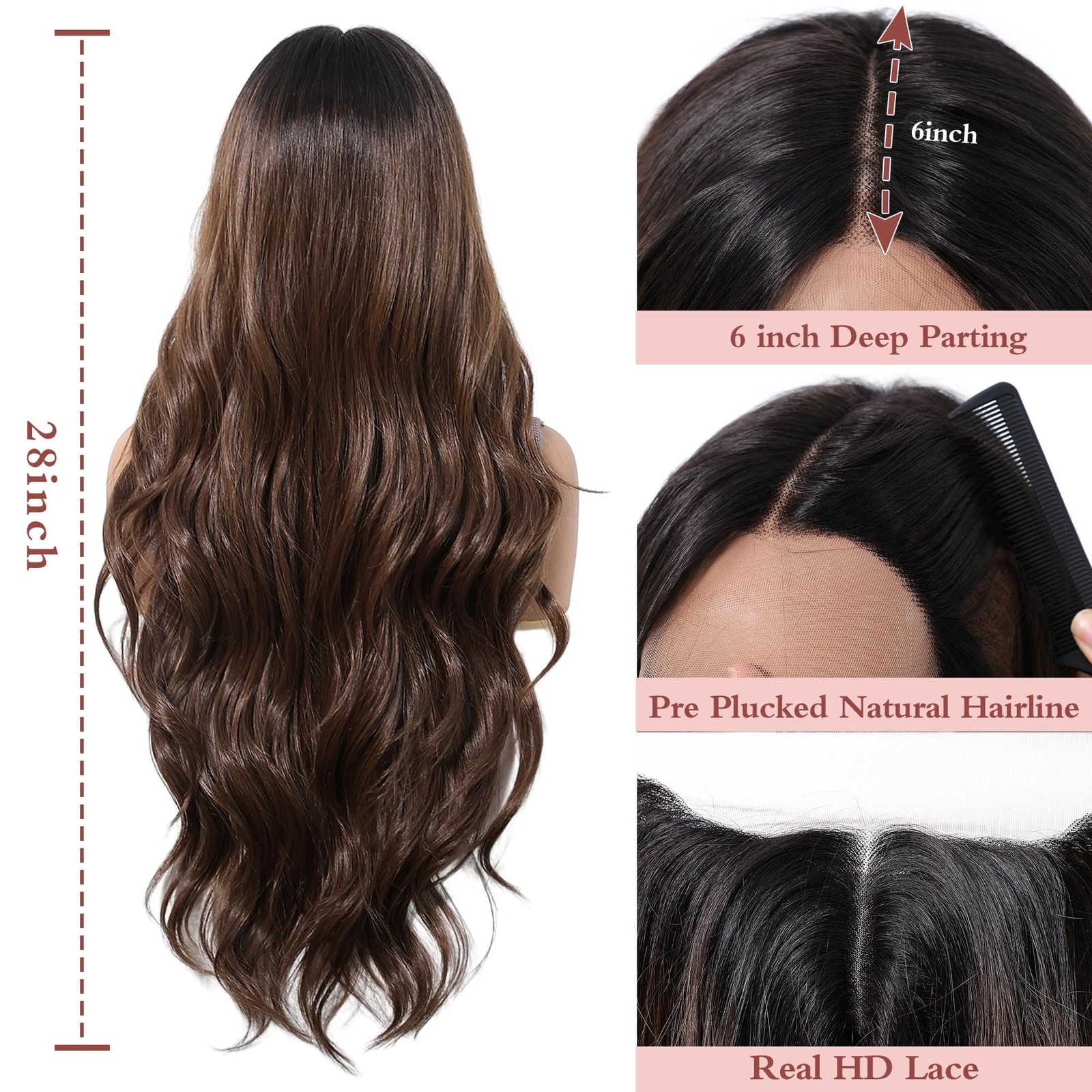 28″ Ombre Brown Lace Front Wig – Glueless HD Lace 13×6, Pre-Plucked Wavy Synt…