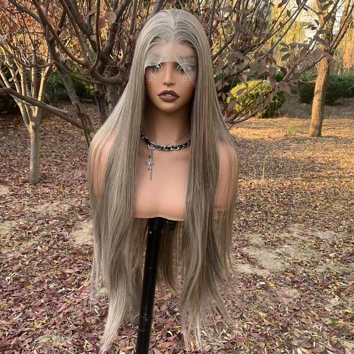 Frontal Lace Wigs Heat Resistant Hair Long Straight Brown mix Blonde