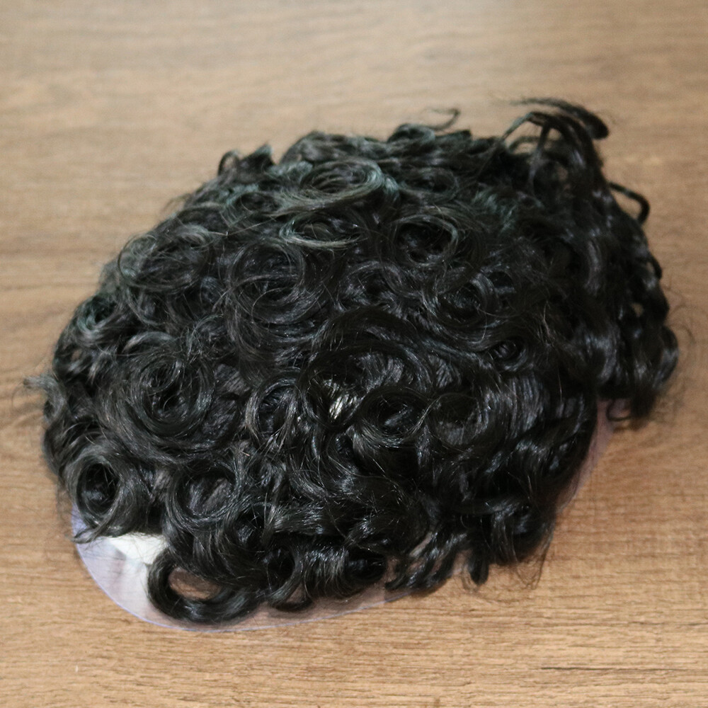 Indian Remy Human Hair 20mm Curl Toupee Skin Base 10×8 inch Hairpieces Men Wig
