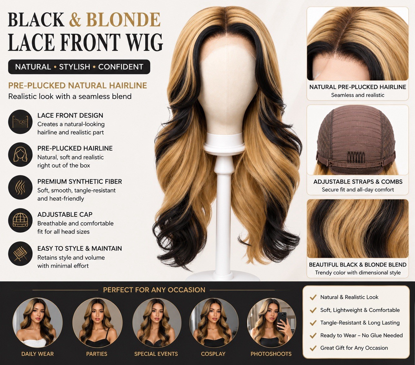 Black Blonde Lace Front Wig Synthetic Hair Pre-Plucked Natural Hairline