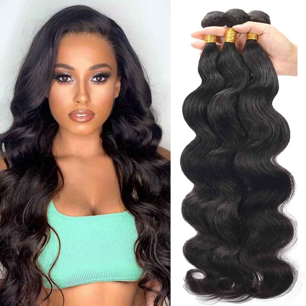100G Thick Brazilian Black Human Hair Body Wave 1-3 Bundles Extensions Full Head