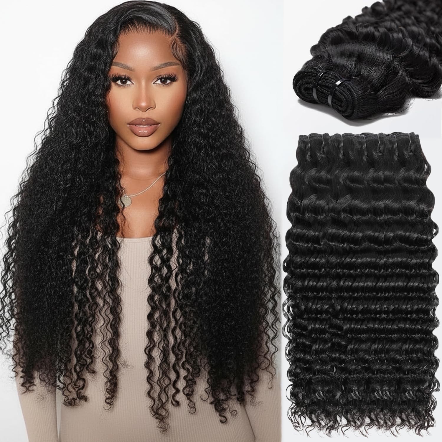 Deep Wave Human Hair Bundles 15A Unprocessed Curly, Soft & Tangle-Free, 3X Lifes