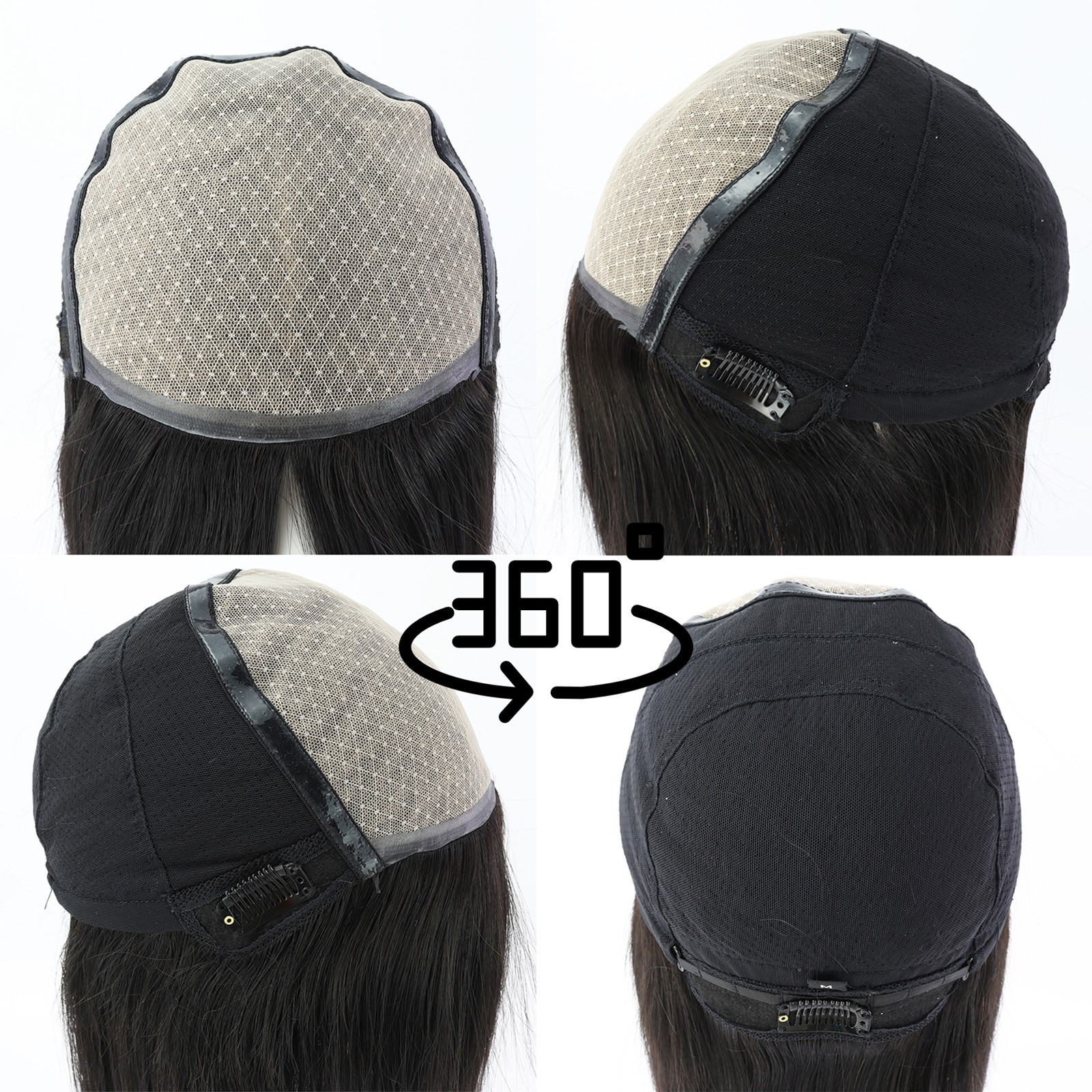 Black Silk Top Real Human Hair With PU Around Elastic Net Straight Medical Wig