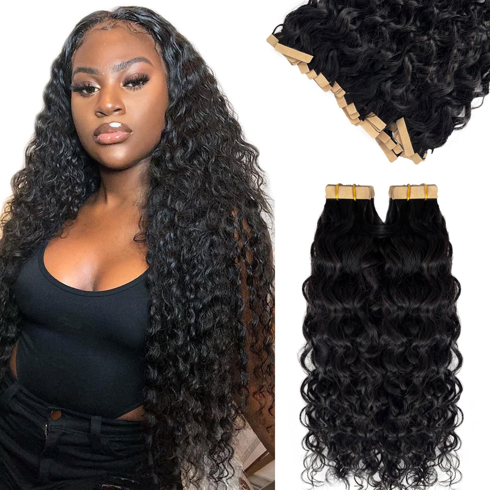 Licoville Long Curly Wave Tape In Hair Extensions Natural Color 22 Inch Water