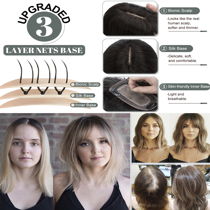 100% Remy Human Hair Topper Toupee Hairpiece Wigs Clip In Silk Base Honey Brown