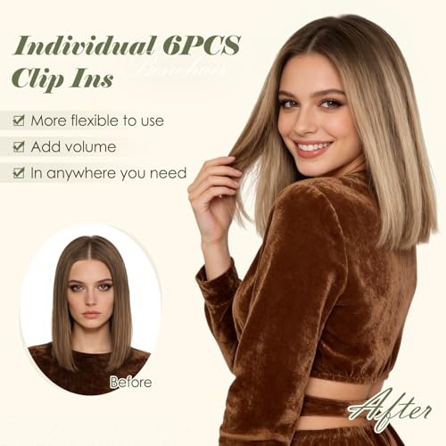 6PCS 6 Clips In Human Hair Extensions 10 Inch Medium Brown&Dark Blonde #4P27