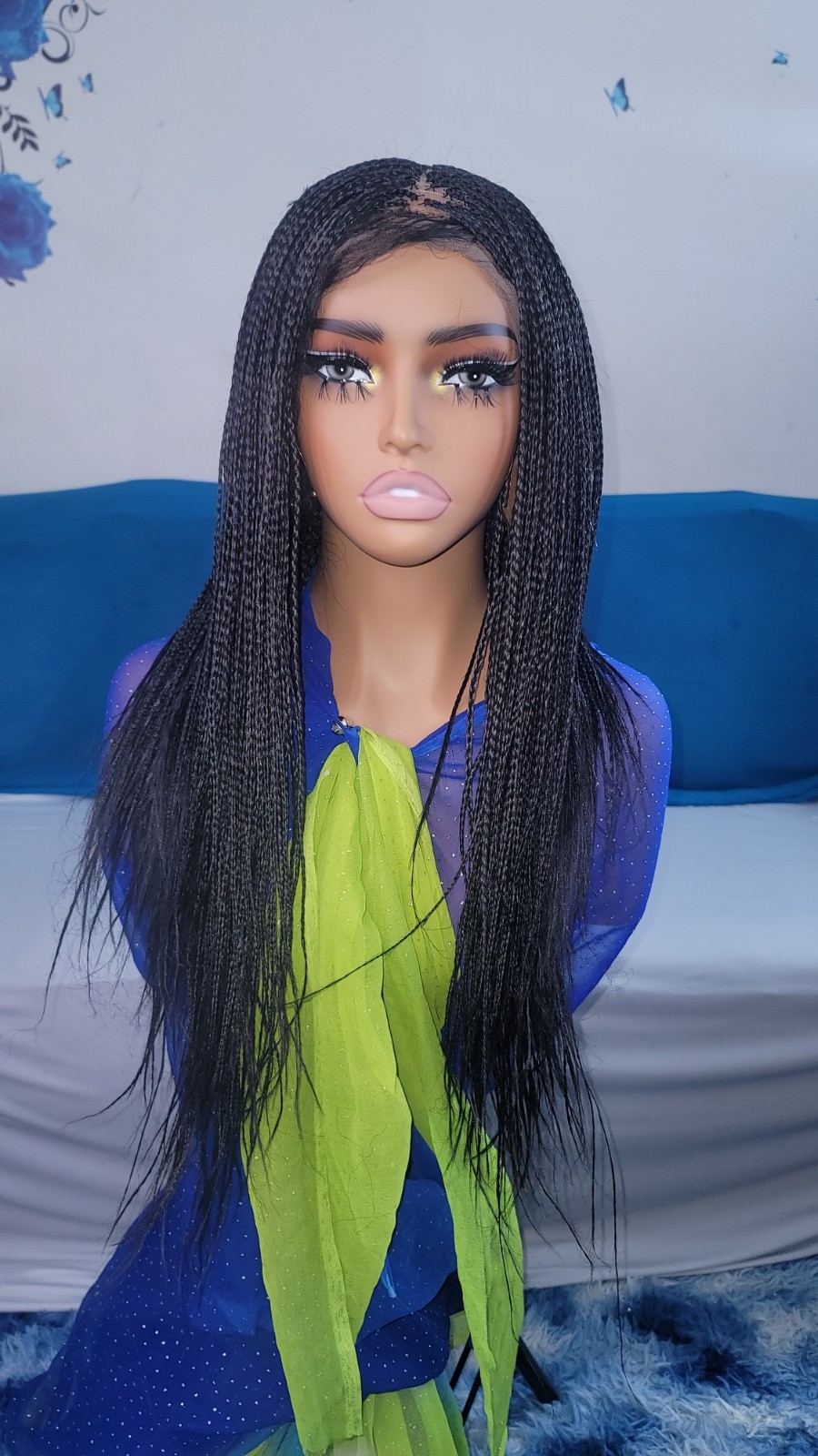 Braided Wig Full Lace Glueless 16″ Micro Boho Braids Jet Black #1 Short Handmade
