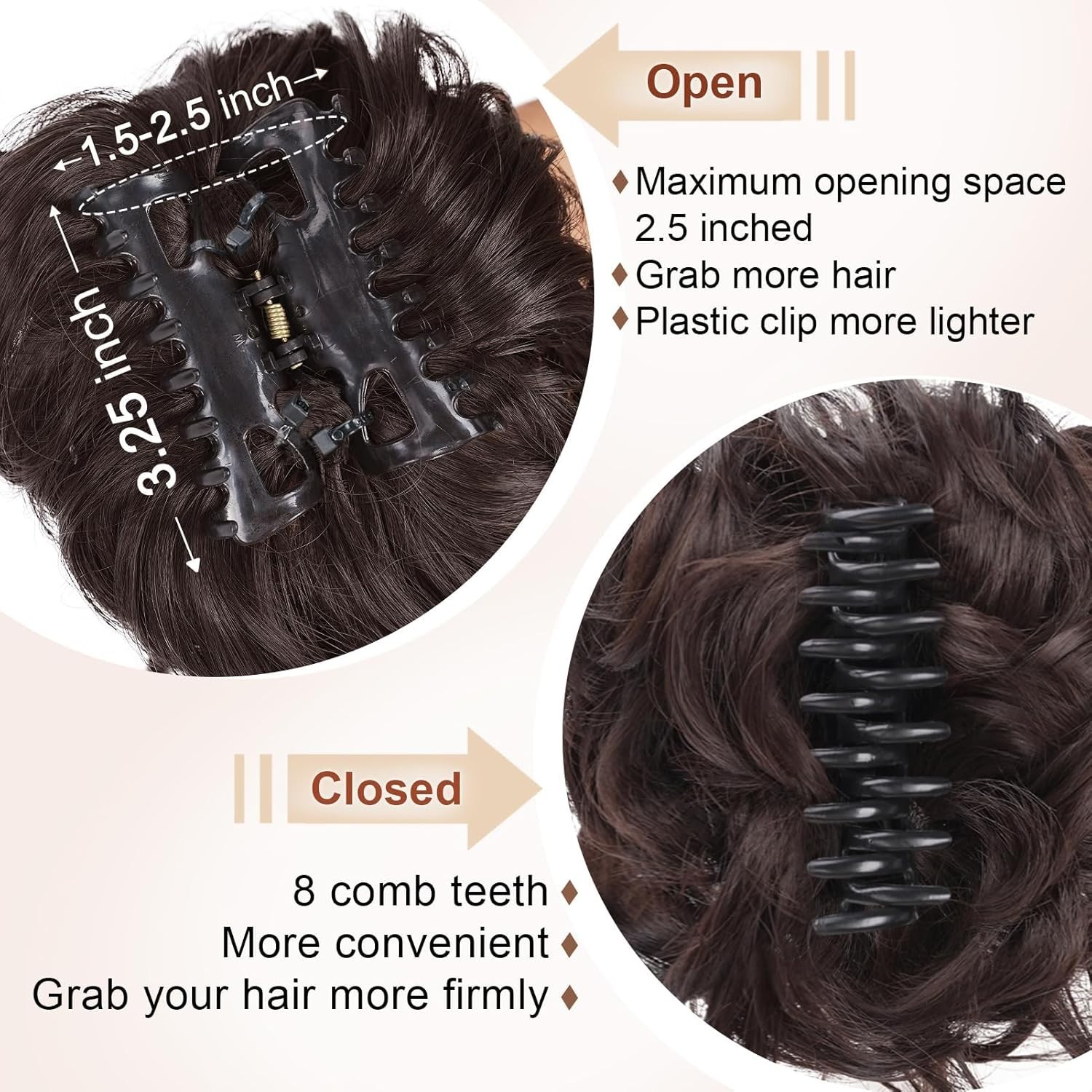 Secure Claw Clip Messy Bun Extensions – Soft Wavy Curly Hair Piece in Dark Brown
