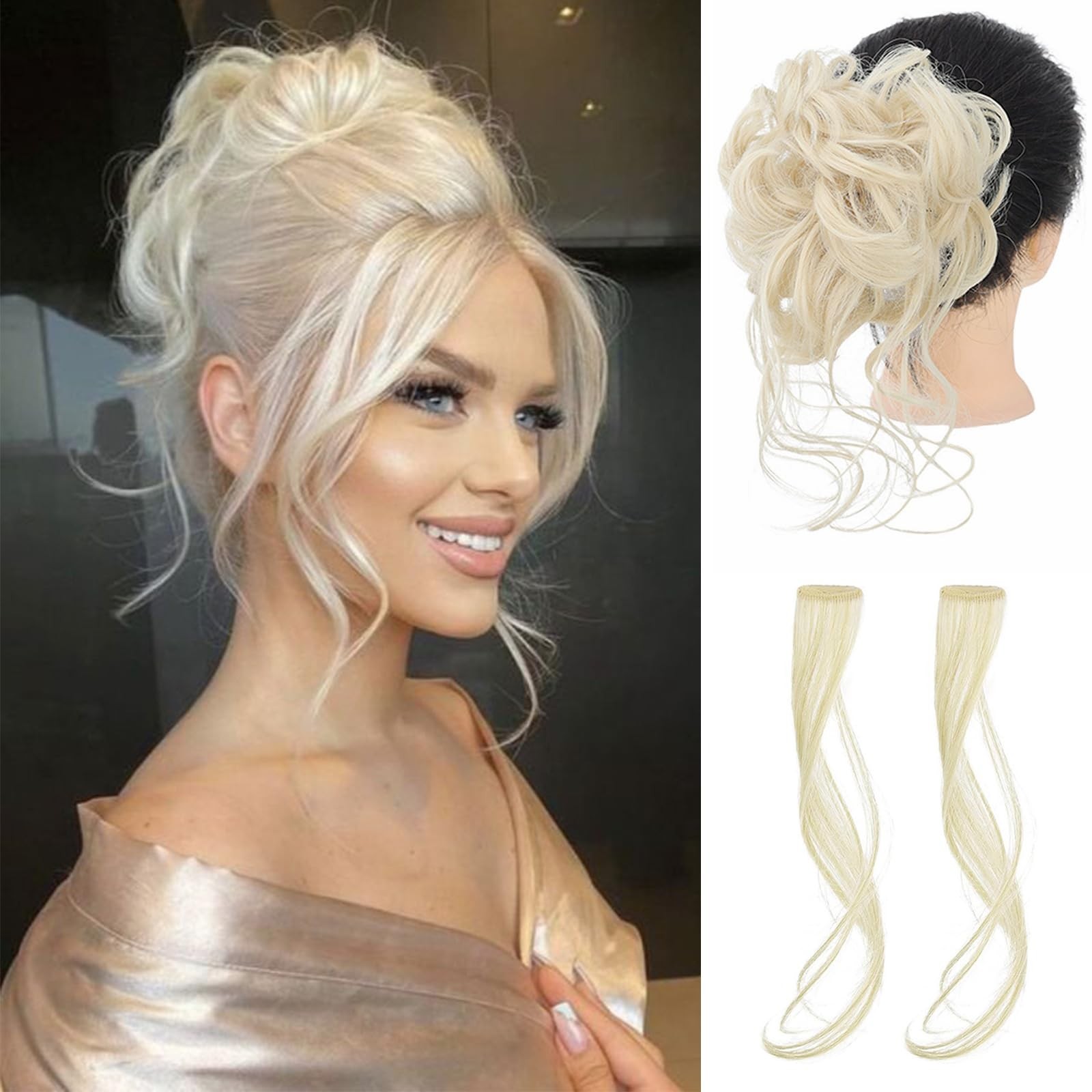 Messy Claw Chignon Bun with Bangs Set 2 Pieces, Blonde Color Curly Bun with L…
