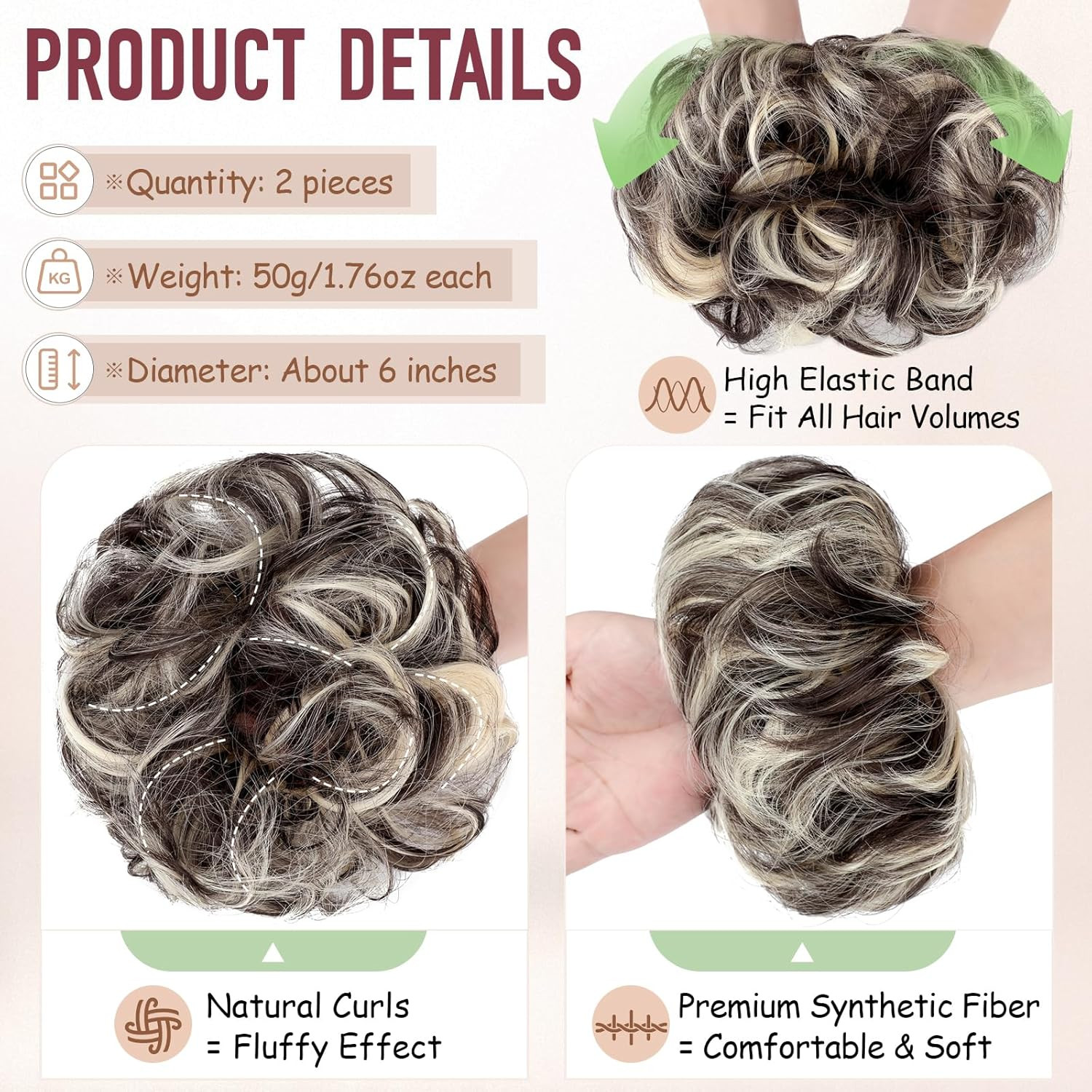 2 PCS Messy Bun Hair Piece Wavy Curly Scrunchies Synthetic Chignon Ponytail Hair