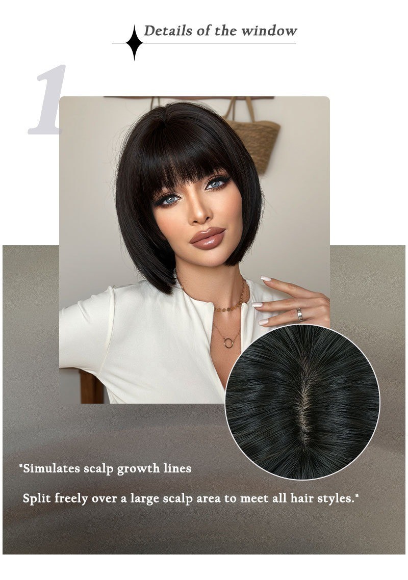 Black short hair wig with full head cover and pompadour hairstyle