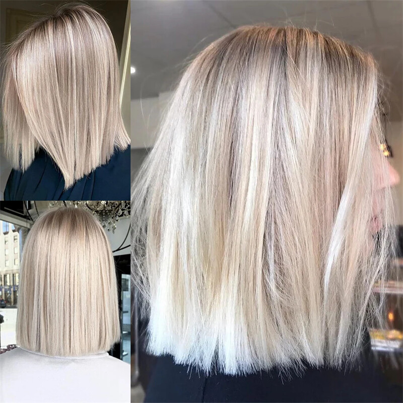 Short Bob Remy Human Hair Wig Ash Blonde Highlight 13×4 Lace Front Straight Wig