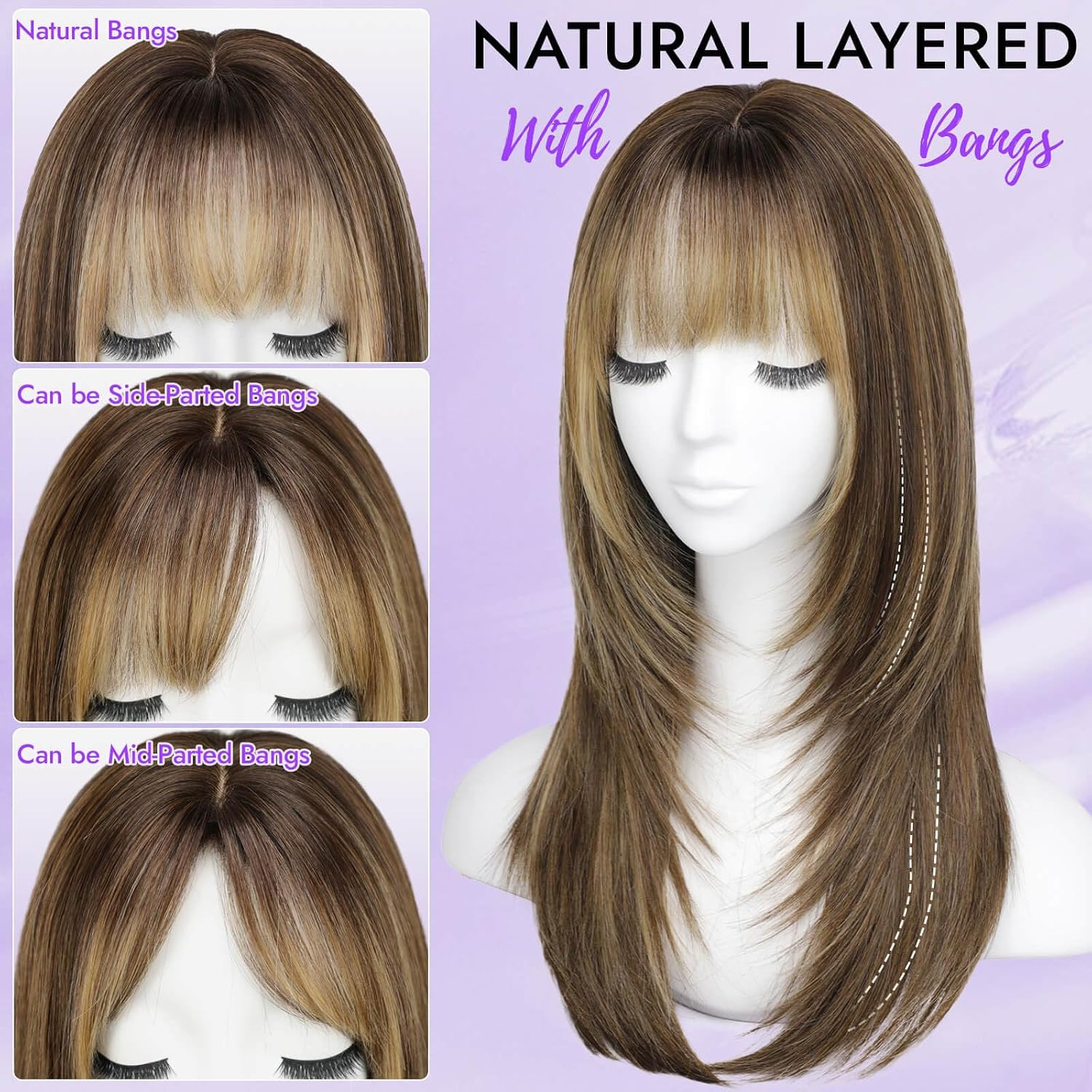 Wig with Bangs for Women Brown Blonde Highlight Straight Face-Framing Layers Hai