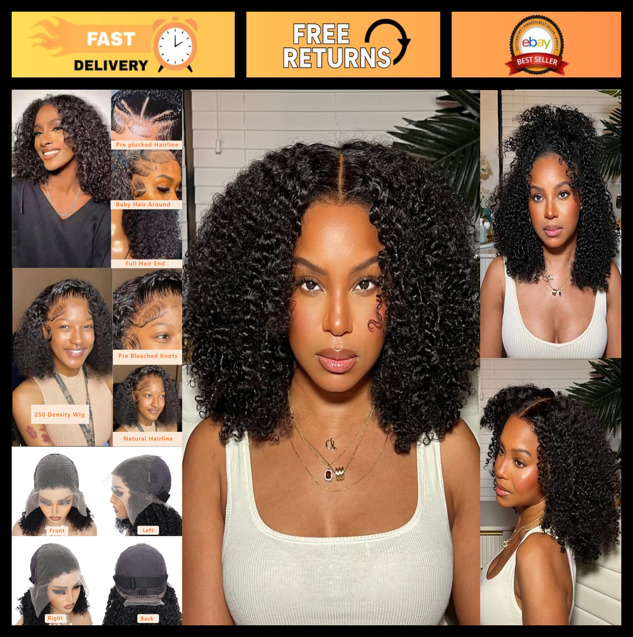 250% Density Kinky Curly Lace Front Wig – 13×6 HD Human Hair, Baby Hair, 16″ Afr