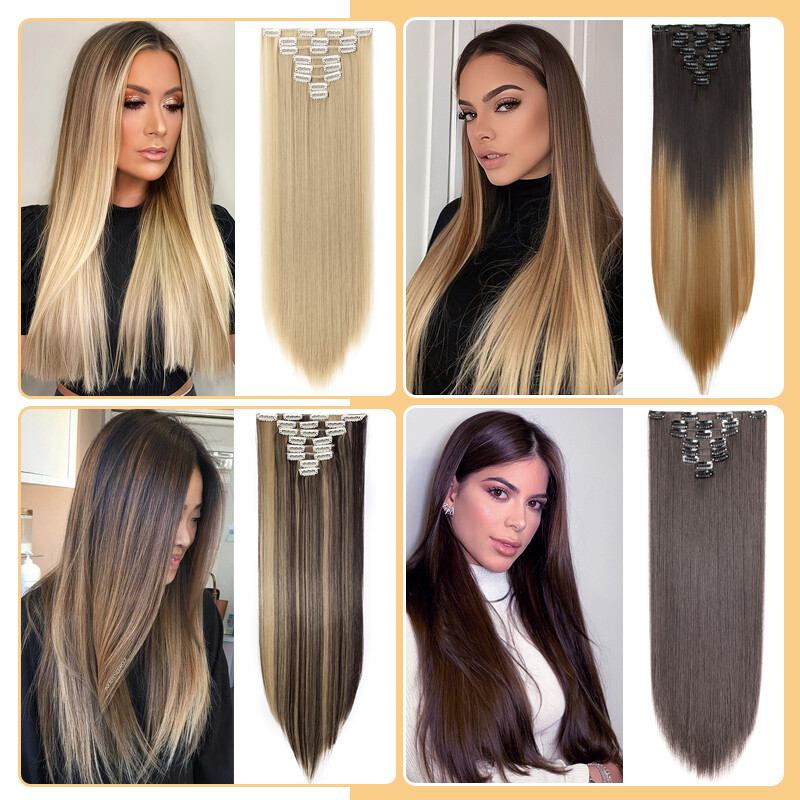8 Pieces Thick Clip In Hair Extensions Long False Hair Piece Highlight Balayage