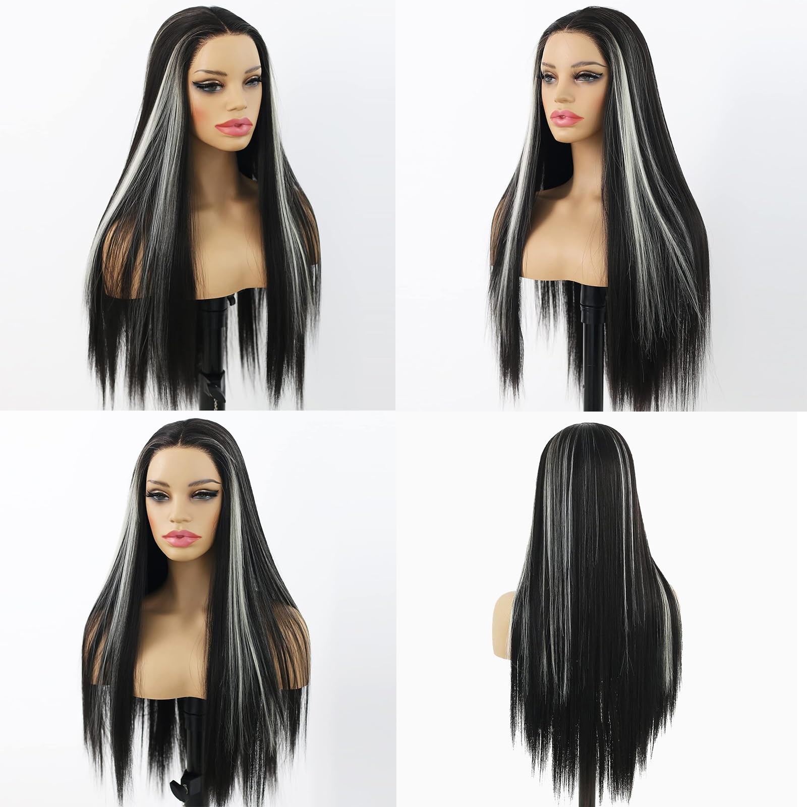 MACA BAKA Highlight Skunk Stripe White Synthetic Lace Front Wig Glueless Long
