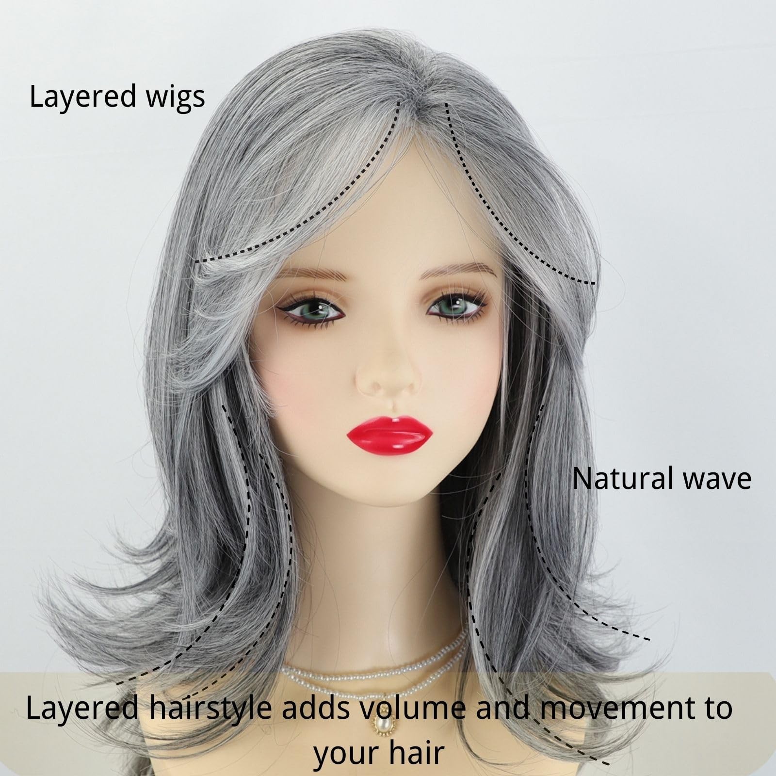 Fencca 20 Inch Silver Grey Salt Pepper Wig Curtain Bangs Long Layered Wave