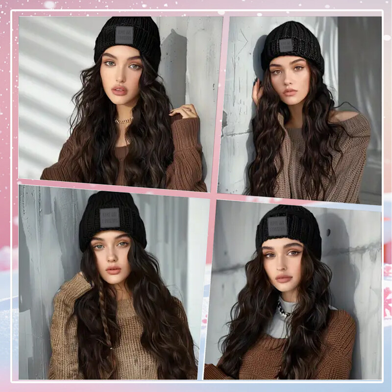 Beret Hat with Hair Extensions Wool Cap Attached 18” curly Hairpiece Synthetic