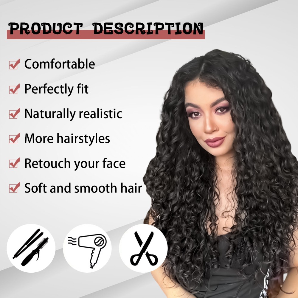 Women’s Curly Wigs Black Long 26 Inches Middle Part Lace Front Breathable Cap