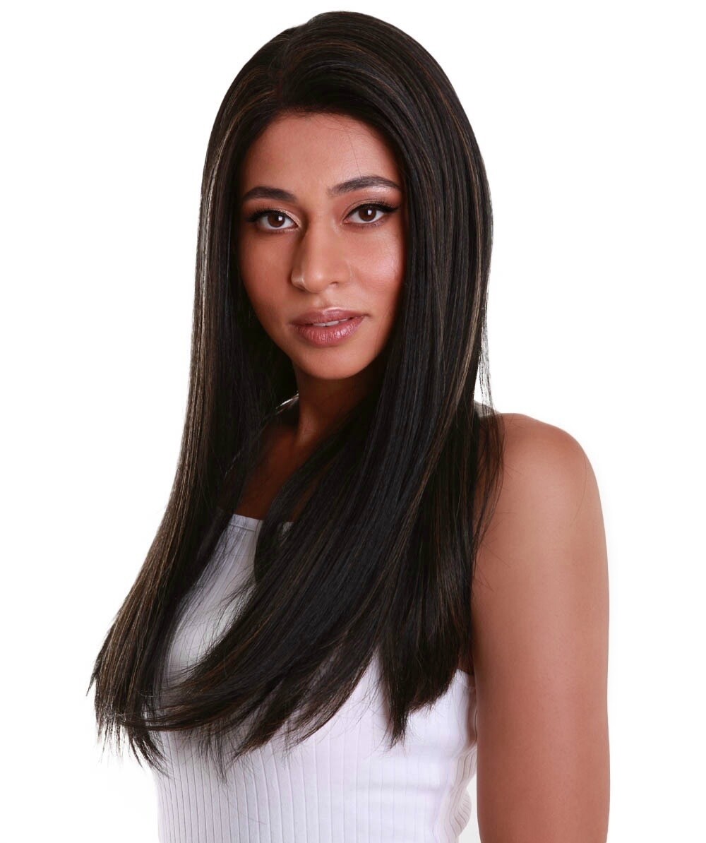 Ami Straight 17″ Long 4X4 Women’s Lace Front Wig, Black with Golden Highlights