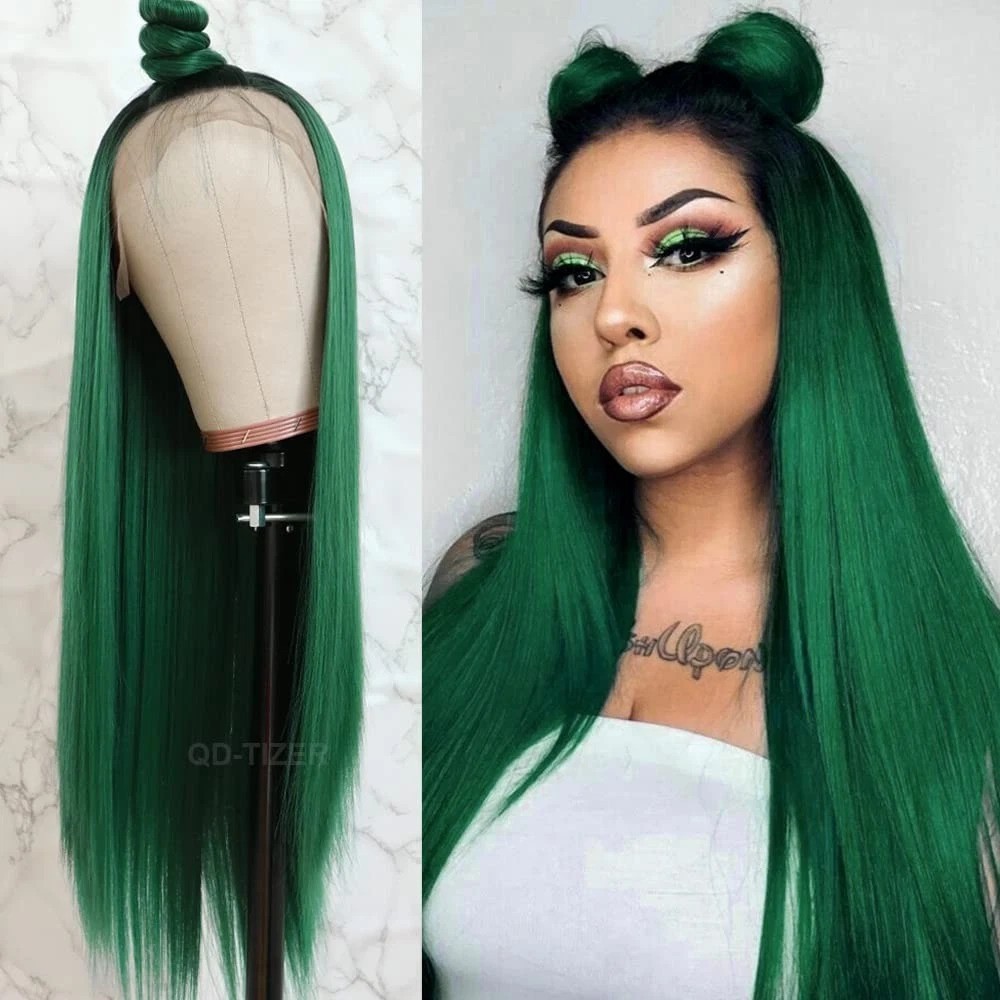22″ Glueless Ombre Green Lace Front Wig Heat Resistant Synthetic