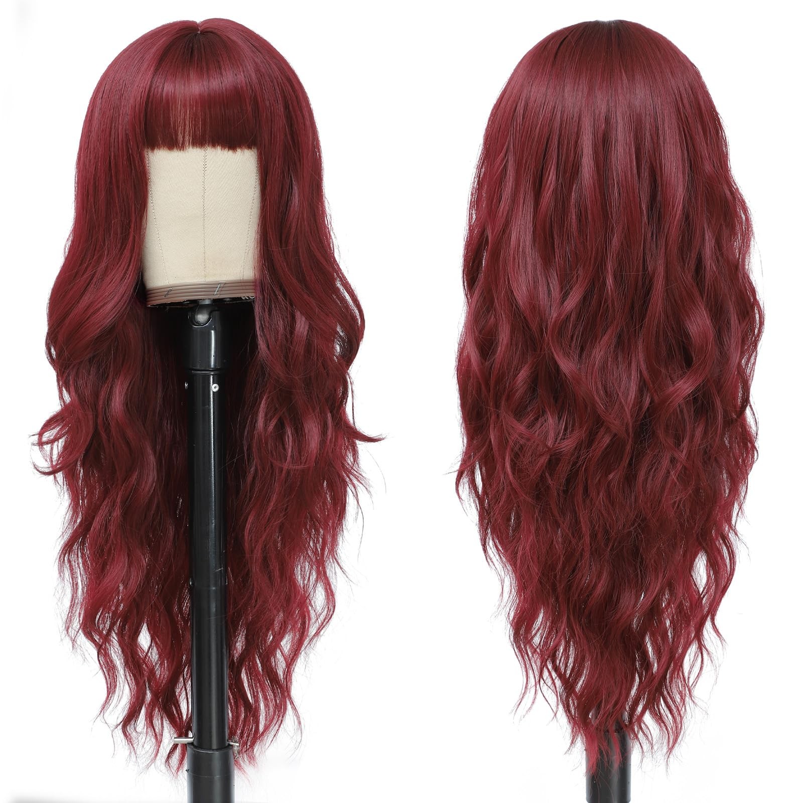 Burgundy Wig for Women, Long Red Wavy Wig with Bangs 26 Inch Wigs Natural Loo…