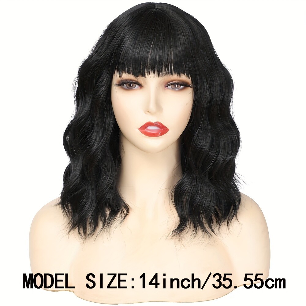 Elegant Unisex-Adult Black Wavy Bob Wig with Bangs Heat Resistant SyntheticFiber