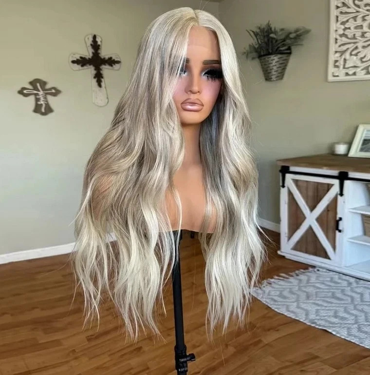 28Inch Platinum Ash Blonde Balayage 13×4 Lace Front Wig 100% Human Hair Wig