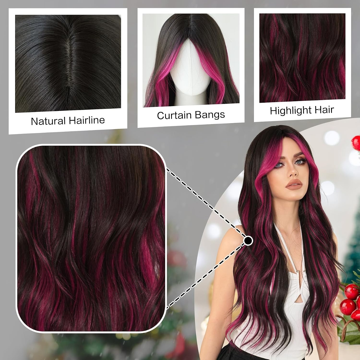 Natural Black Long Wavy Rose Pink Highlight Wigs with Curtain Bangs Natural Part