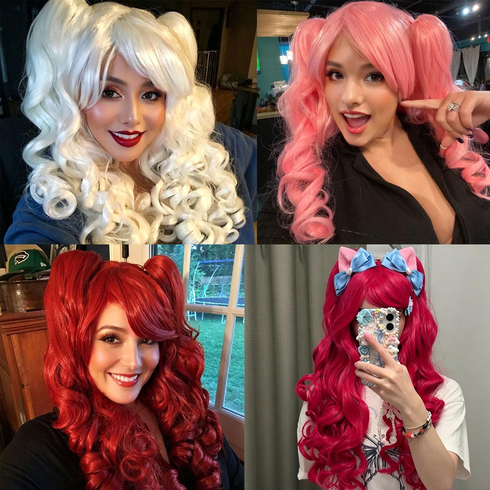 Long Curly Pink Lolita Wig 2 Ponytails Clip on Cosplay Wig for Women Anime Pa…