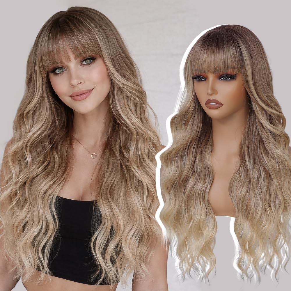 Long Blonde Highlights Wigs with Bangs 26Inch Wavy Curly Hair for Women Tangl…