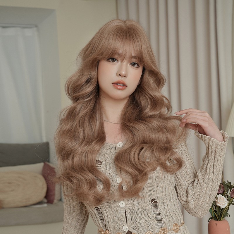Summer Pink Gold Long Big Wave Curly Synthetic Full Head Wig for Women