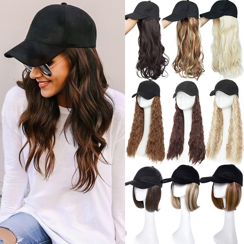 Women Baseball Cap Hat with Synthetic Hair Short/Long Hair Wigs Cover Highlight