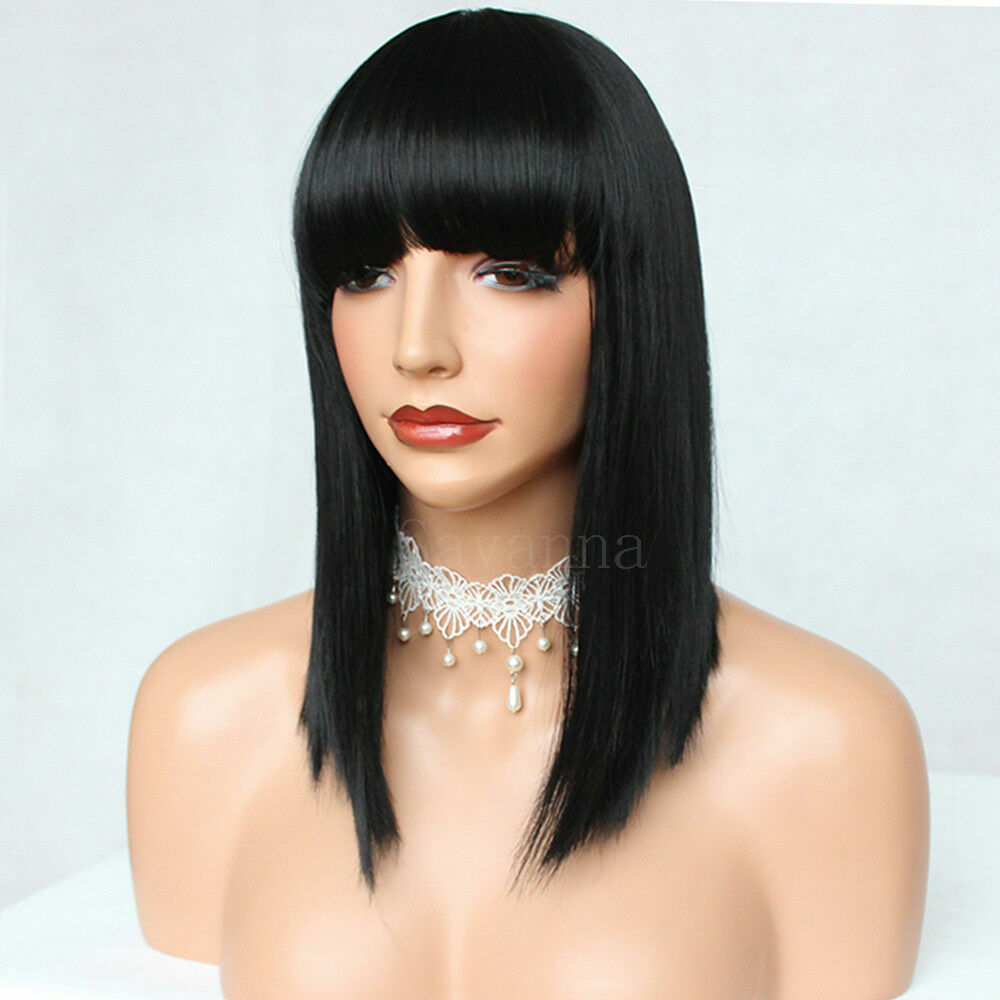 Women’s Black Bob Wig Short Straight Synthetic Fiber Hair Full Bangs Cosplay Wig