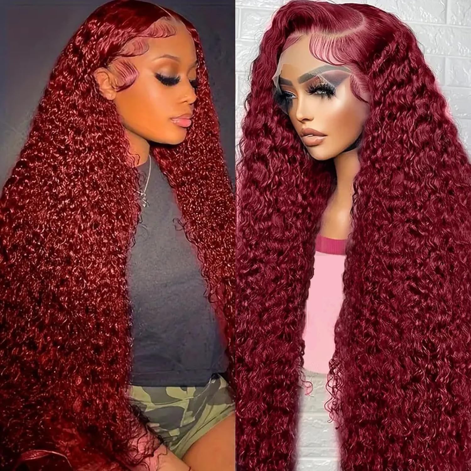 30″ 250 Density Burgundy Lace Front Wig – HD Transparent Deep Wave Human Hair