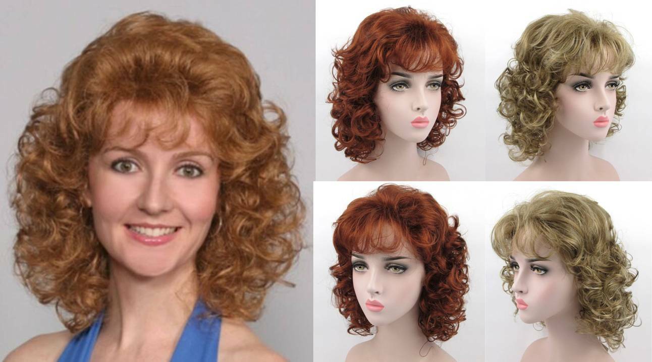1980S 70S WOMENS MEDIUM SHOULDER-LENGTH LAYERED BODY WAVE CURLS CURLY WIG AMBER