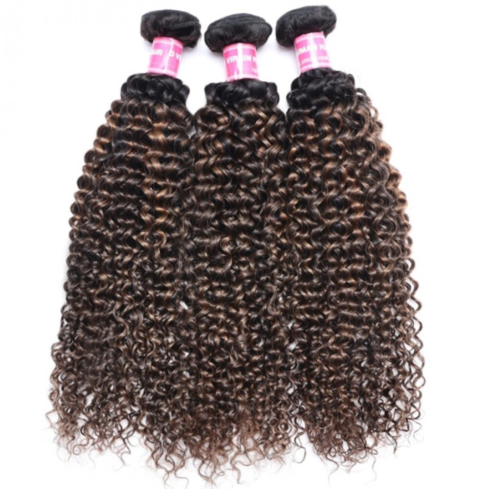 UNice Cambodian Ombre Balayage Brown Curly 3 Bundles Human Hair Extension Weaves