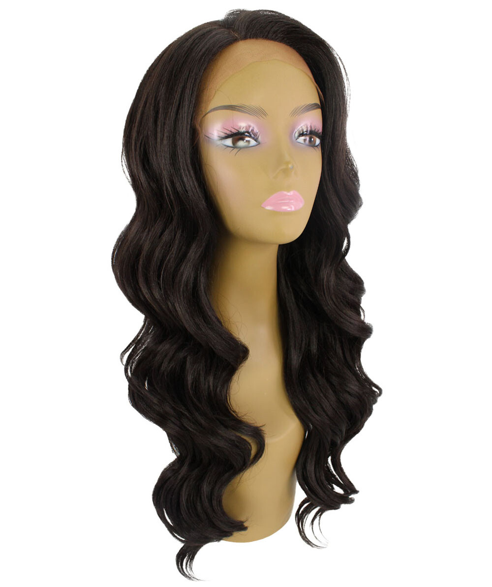 LUXLUXE Lucinda Wavy 23 Inch Long 4X4 Hand-Tied Lace Front Wig, Dark Brown