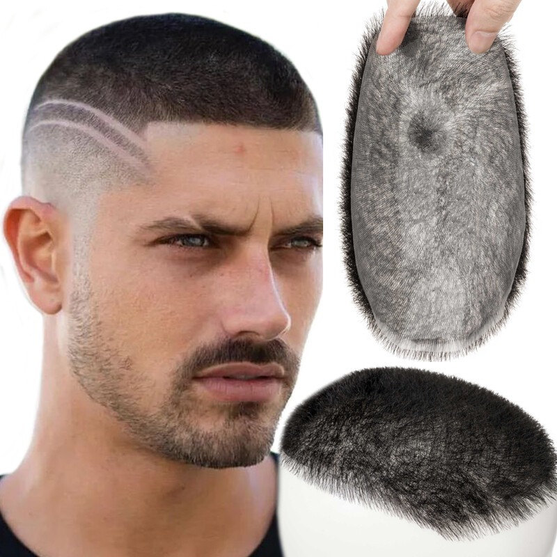 Men Short 1cm Buzz Cut Hair Thin Skin Toupee 100% Human Hair Transparent Scalp L